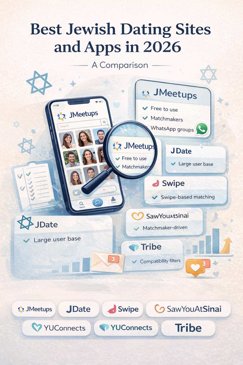 Comparison of the best Jewish dating sites and apps in 2026, including JMeetups, JDate, JSwipe, SawYouAtSinai, YUConnects, and Tribe